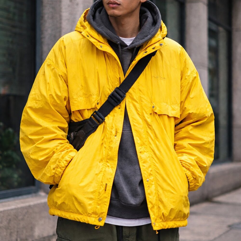 Eddie Bauer Yellow Packable Parka Gorpcore Outdoor Utility Hooded Y2k‎ Nylon M